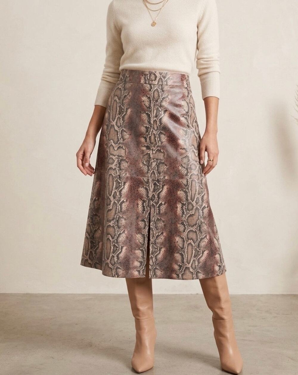 V Cristina Faux Leather Snakeskin Midi Skirt Size 8 A-Line Python Print Brown